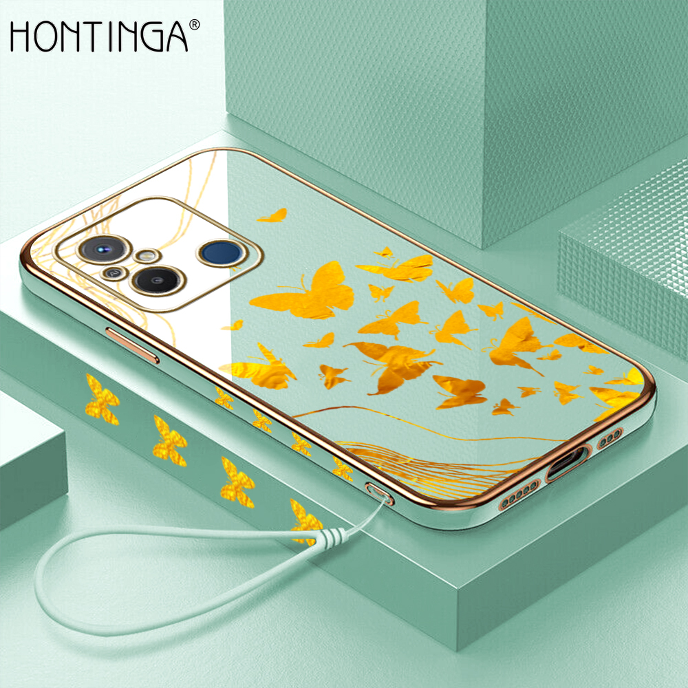 Hontinga for Redmi 12C / 11A Back Cover With Lanyard Luxury 6D Plating Shiny Golden Butterfly Case Soft Silicone Square Mobile Cover