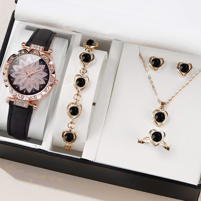 LooKeo mall Fashionable Quartz Watch with Hollow Diamond Necklace and Bracelet - A Perfect Gift for Women - 6pcs Set Watch