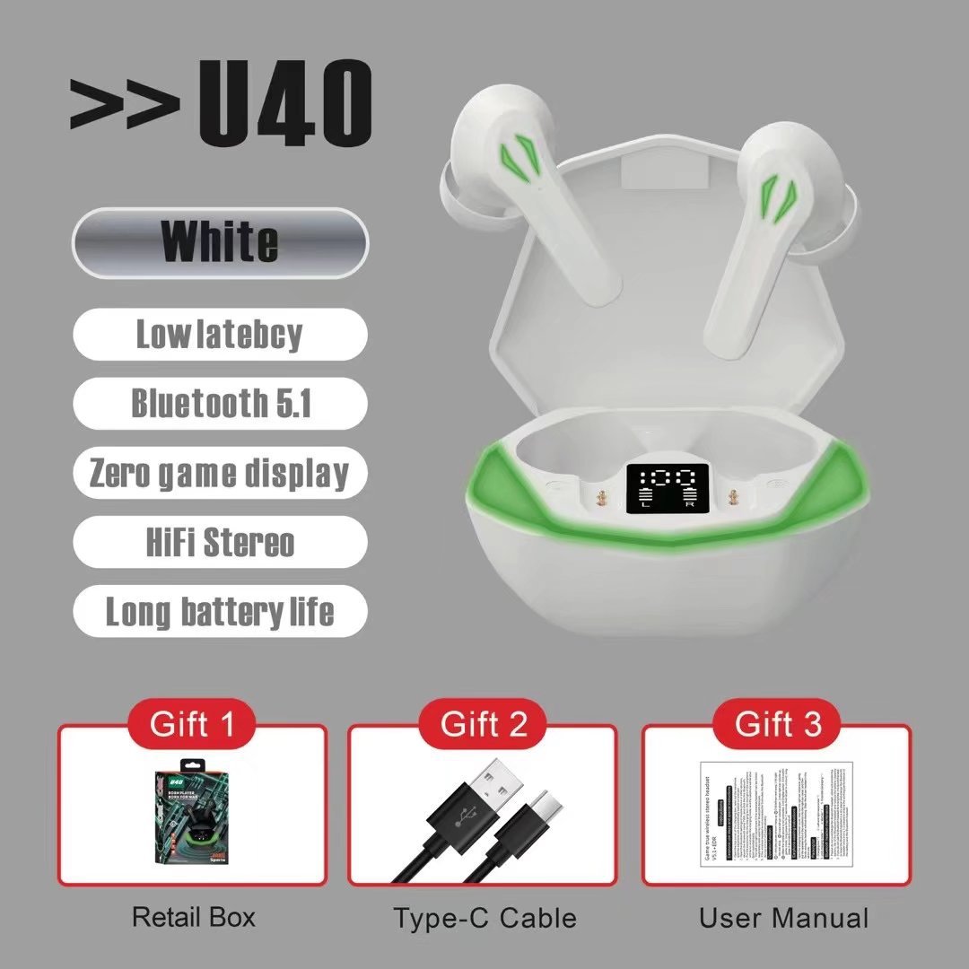 U40 wireless bluetooth headset private model TWS5.1 zero delay in-ear e-sports gaming bluetooth wireless headset. 