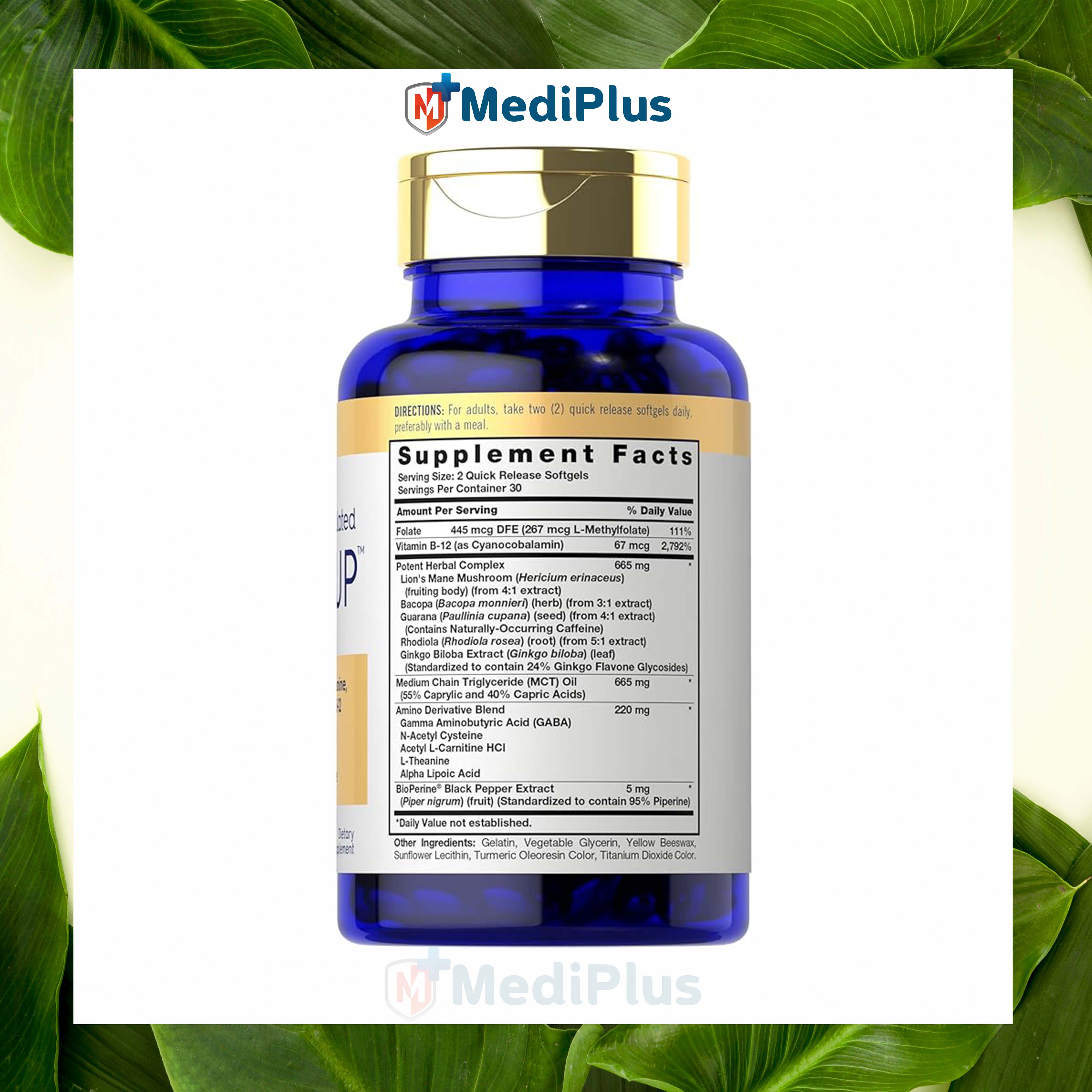 Carlyle Brain Up Supplement | 60 Softgels | with L-Theanine, Bacopa & B-12 | Non-GMO, Gluten Free. 