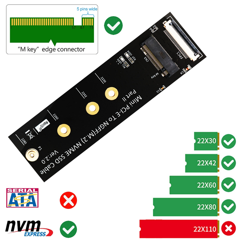 M.2 NVME SSD to Mini PCI-E Adapter with FFC Cable for M.2 M-Key 2230/2242/2260/2280 NVME SSD Converter Extension Cord Easy to Use. 