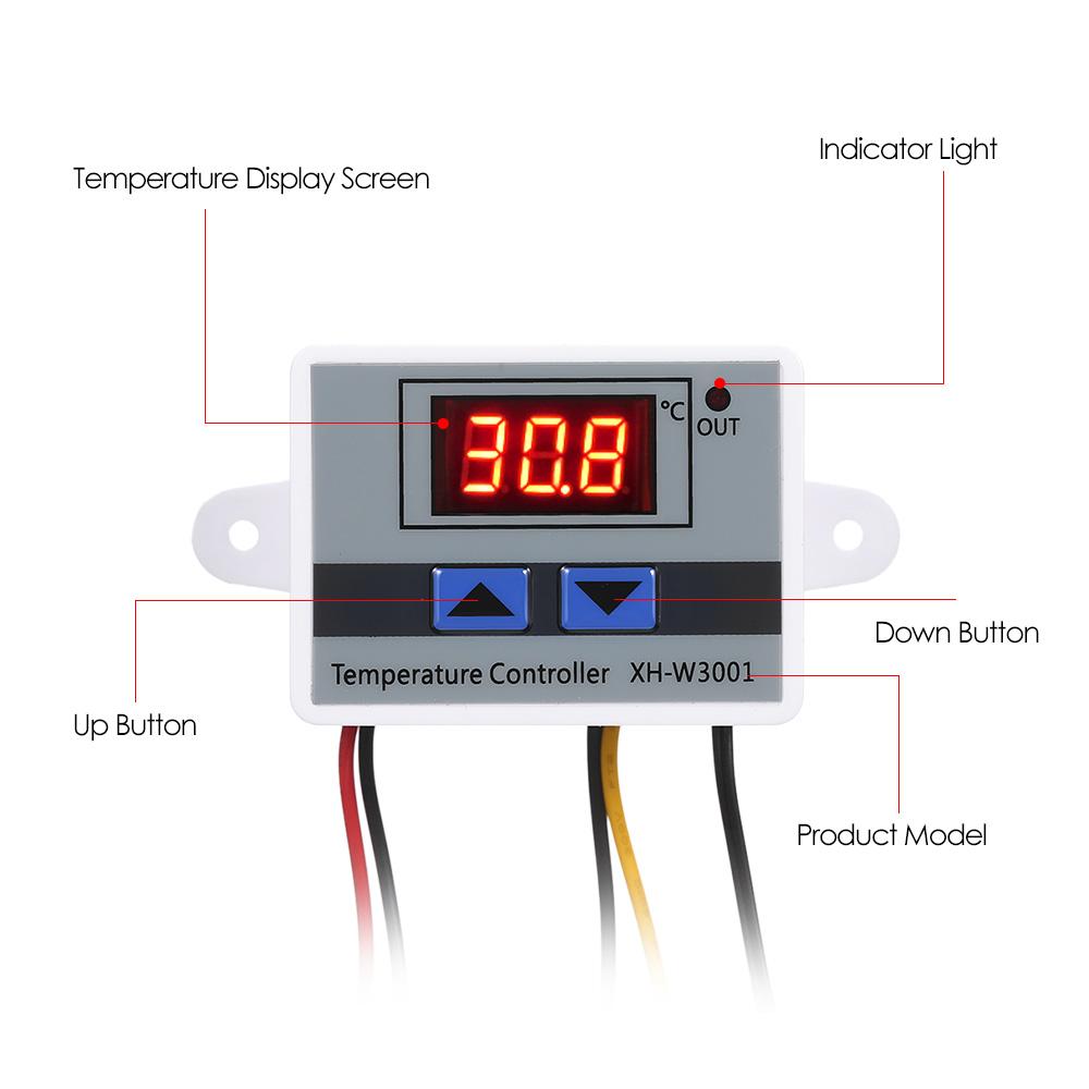 XH-W3001 Intelligent Digital Microcomputer Temperature Controller LEDs-Display Mini Thermostat Switch Heating/Cooling Temperature Control Switch with Water-resistant Sensor Probe 24V. 