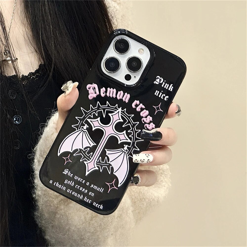 Y2k Korean Cute Pink Wings Case For iPhone 15 14 13 12 11 Pro Max Mini X XR 7 8 Plus SE Glossy Shockproof Soft Black TPU Cover. 