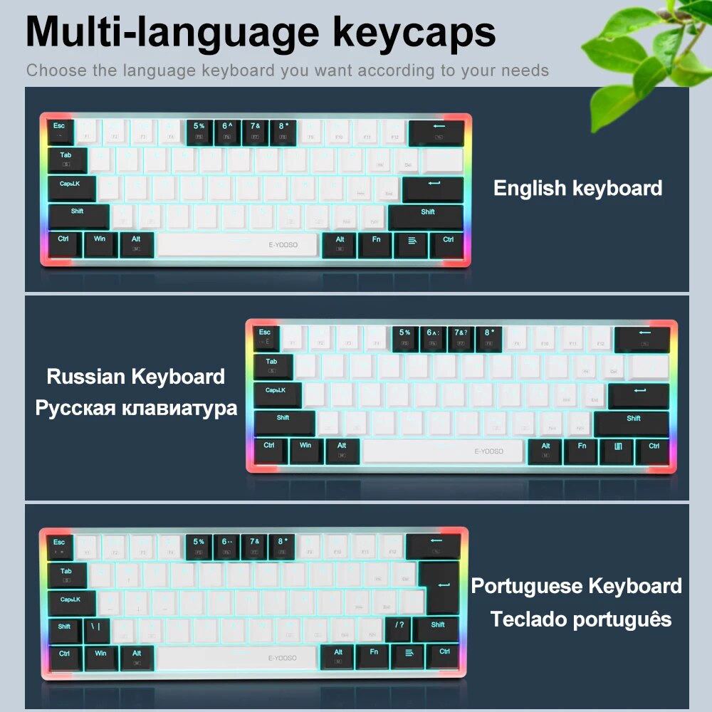 E-YOOSO Z11T USB 60% Mini Mechanical Gaming Keyboard Blue Red Switch 61 Keys Wired detachable cable,portable for travel computer. 