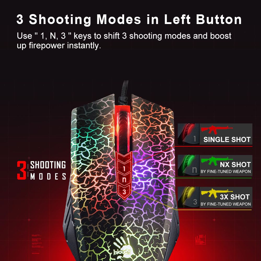 A4TECH Bloody A70 Light Strike Gaming Mousee - Neon Backlit - 6200 CPI - Built-In 160K Memory - Ambidextrous Fit (Pre Activated Ultra Core 3 & 4). 