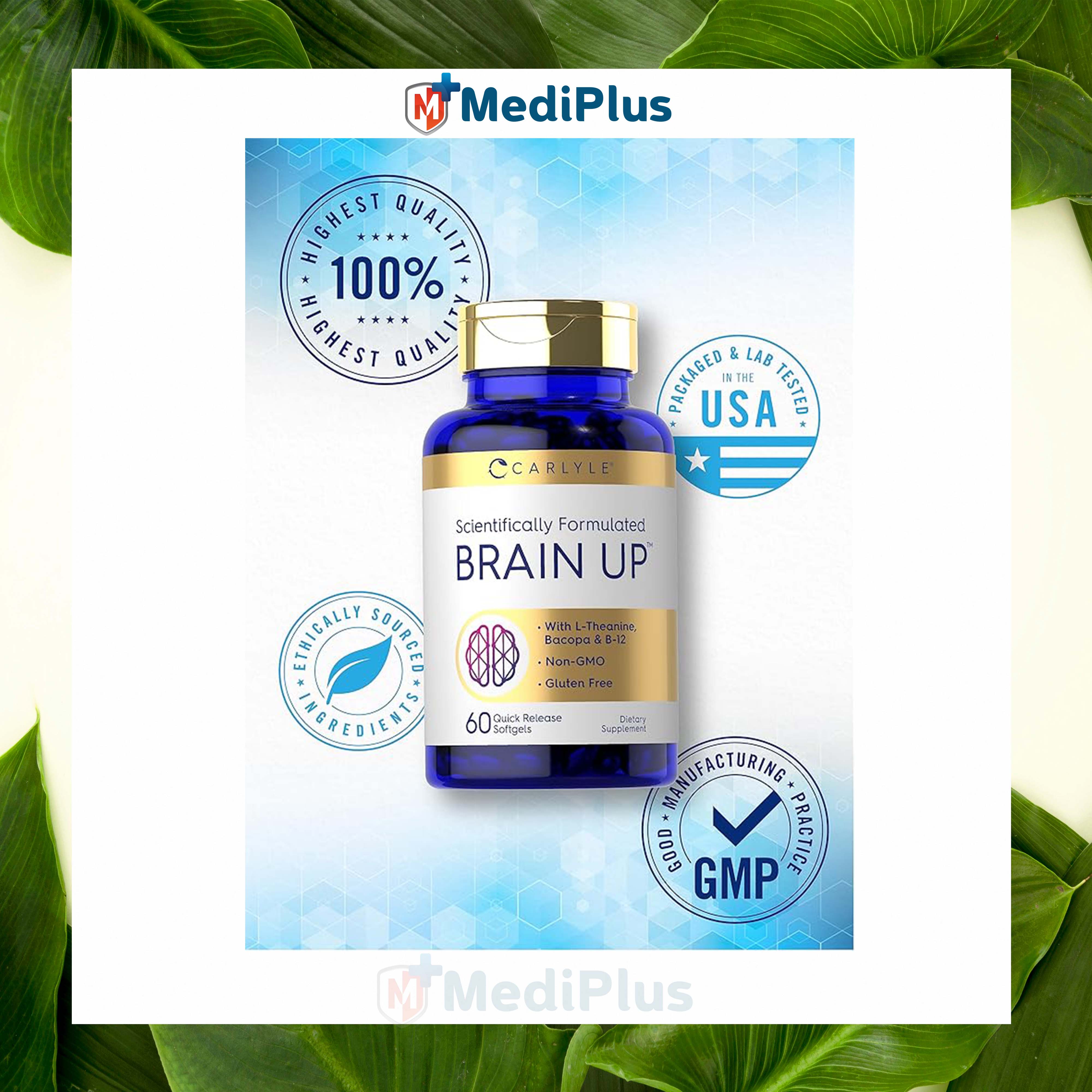 Carlyle Brain Up Supplement | 60 Softgels | with L-Theanine, Bacopa & B-12 | Non-GMO, Gluten Free. 
