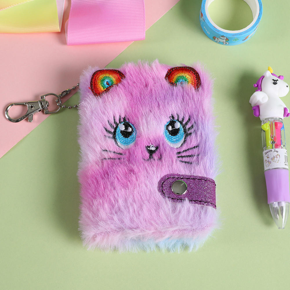 Cute Cat Face Plush Mini Pocket Notebook with Keychain, Kids Girls Boys Writing Drawing Pad Personal Journal Diary Notepad with Blank Inner Papers. 