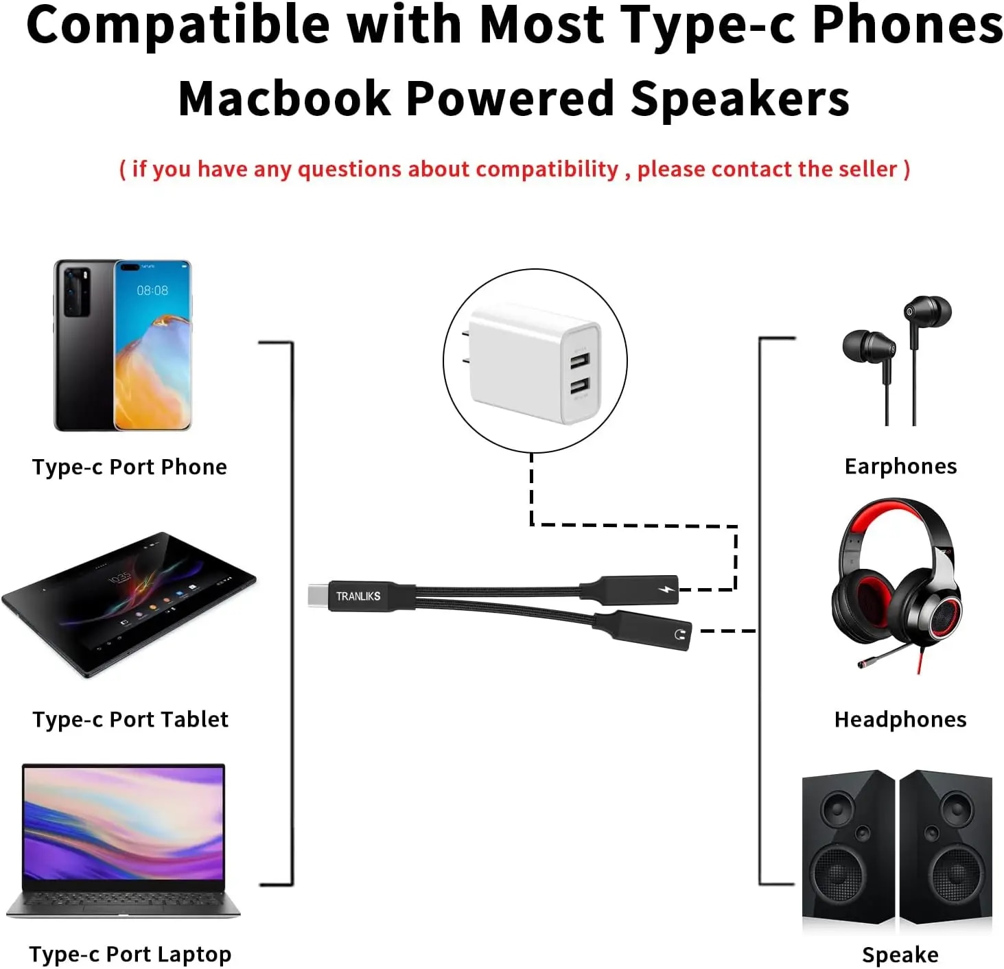 2 IN 1 OTG Headphone Jack USB Type C Splitter to Dual USB C Headphone Adapter 60W Charger for iPhone 15 Samsung Huawei Xiaomi. 