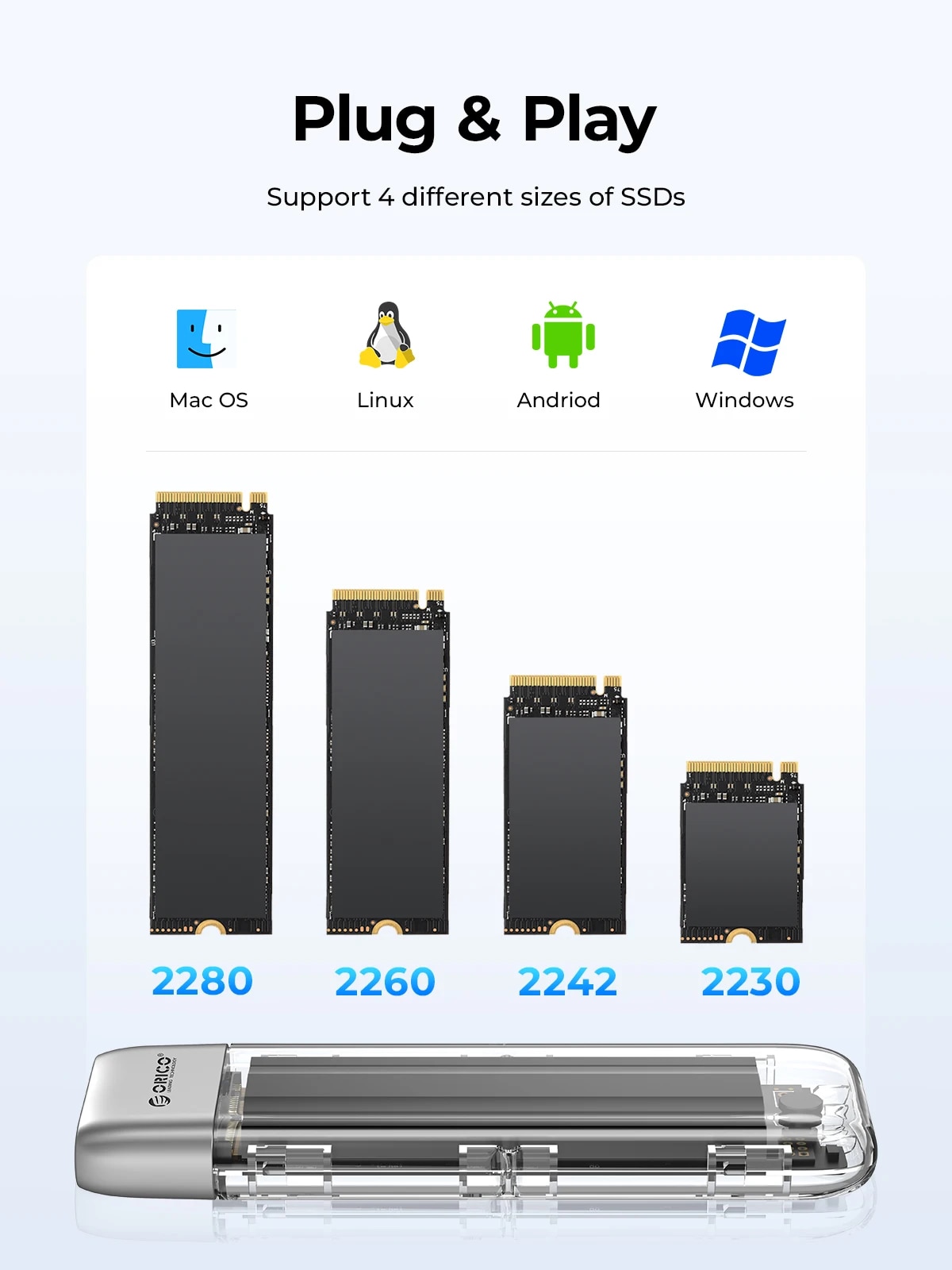 ORICO M.2 SSD Case NVME SATA SSD Enclosure Tool Free 10Gbps M.2 to USB Type C Transparent External Adapter Portable. 