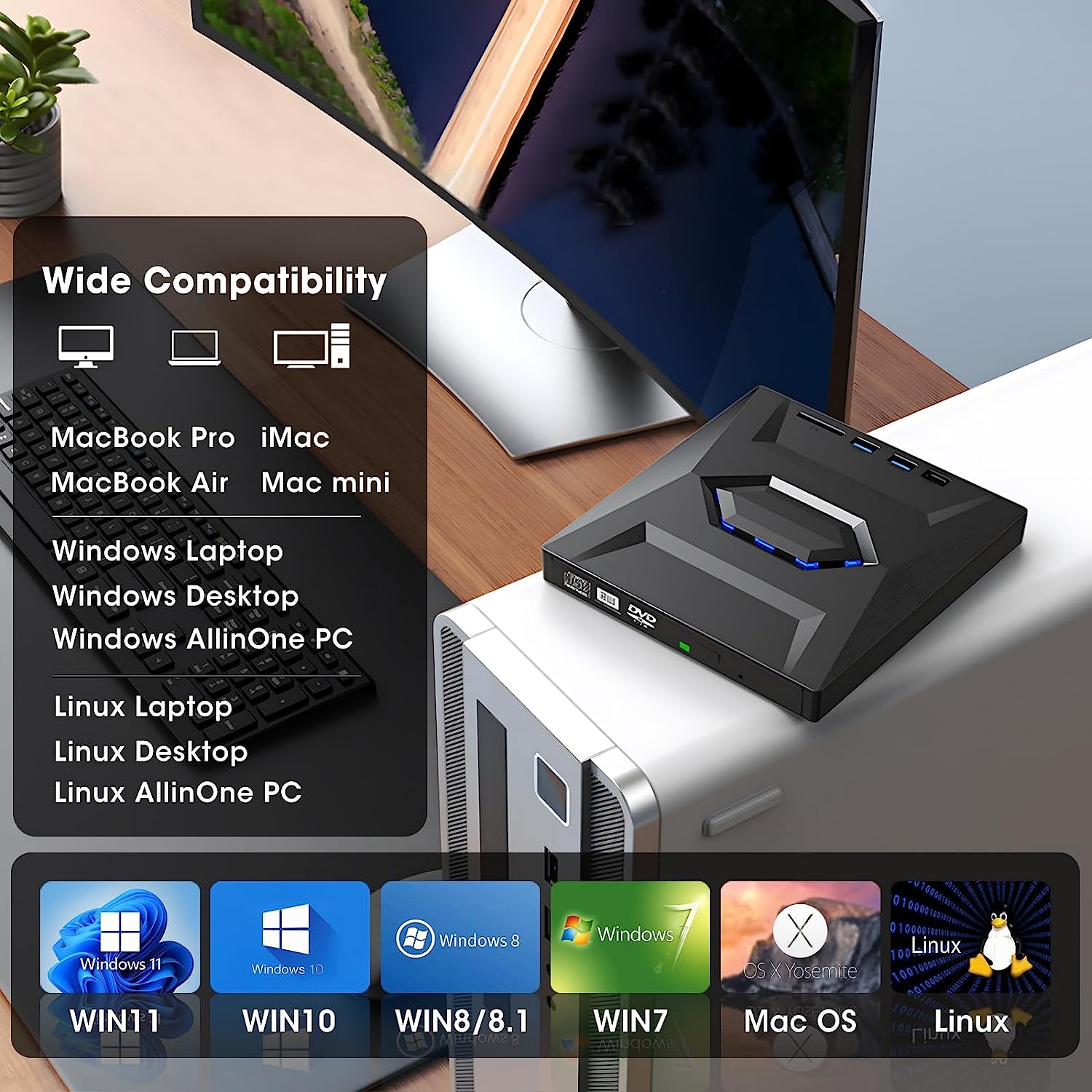 External DVD Drive for Laptop USB 3.0 Type-C Portable CD/DVD Optical Drive Player Writer CD Burner with 2 USB 3.0 Ports, Type C Port SD Card Reader for Laptop PC MacBook Mac Windows Linux OS. 