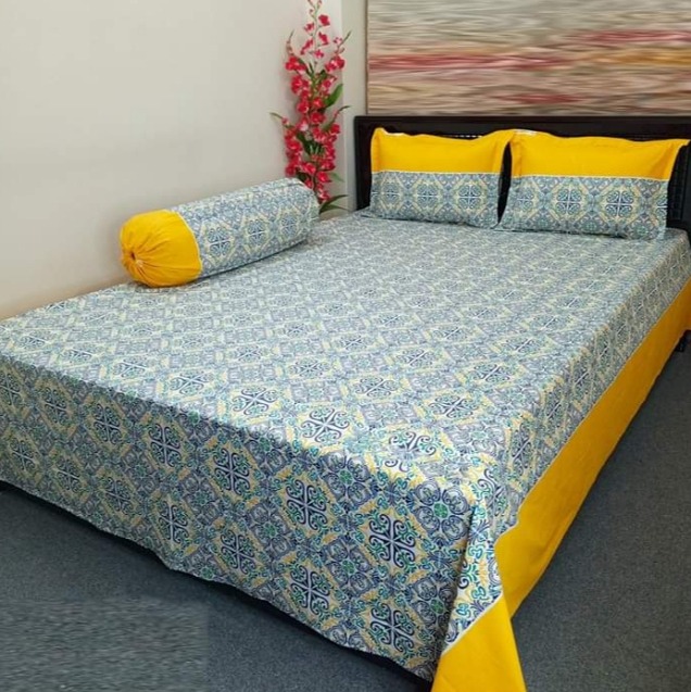 Cotton King Size Bedsheet With Two Pillow Cover Size 7/8 Feet Head Pillow cover Size 20/28 Inch And side Pillow cover Size Round 34 Long 39 InchEasy Maintainance Hand Washable. 
