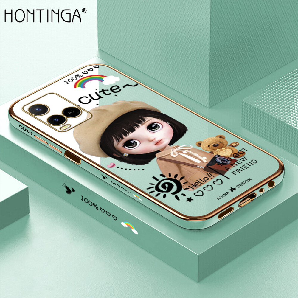 Hontinga for Vivo Y33S Y21 2021 Y21S Case Luxury 6D Plating Cute Satchel Girl Side Pattern Soft Back Cover Silicone Square Phone Cases