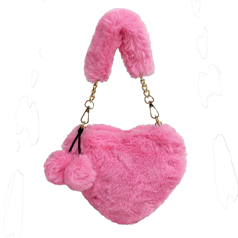 Korean version of plush heart-shaped peach heart bag autumn and winter new plush bag ins one-shoulder cross-body hand-chain women's bag. 