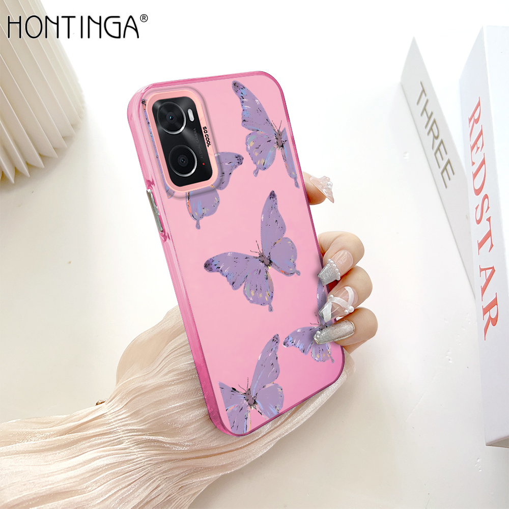 Hontinga for OPPO A36 A76 Back Cover Colorful Sliver Double Sided Soft Edge Hard Back Purple Butterfly Phone Case for Girl