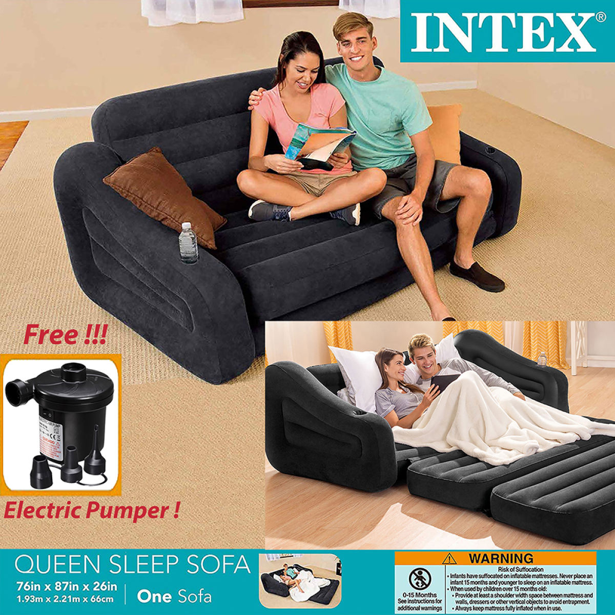 Intex Premium Quality 2 in 1 Air Inflatable Pull out Sofa Cum Bed