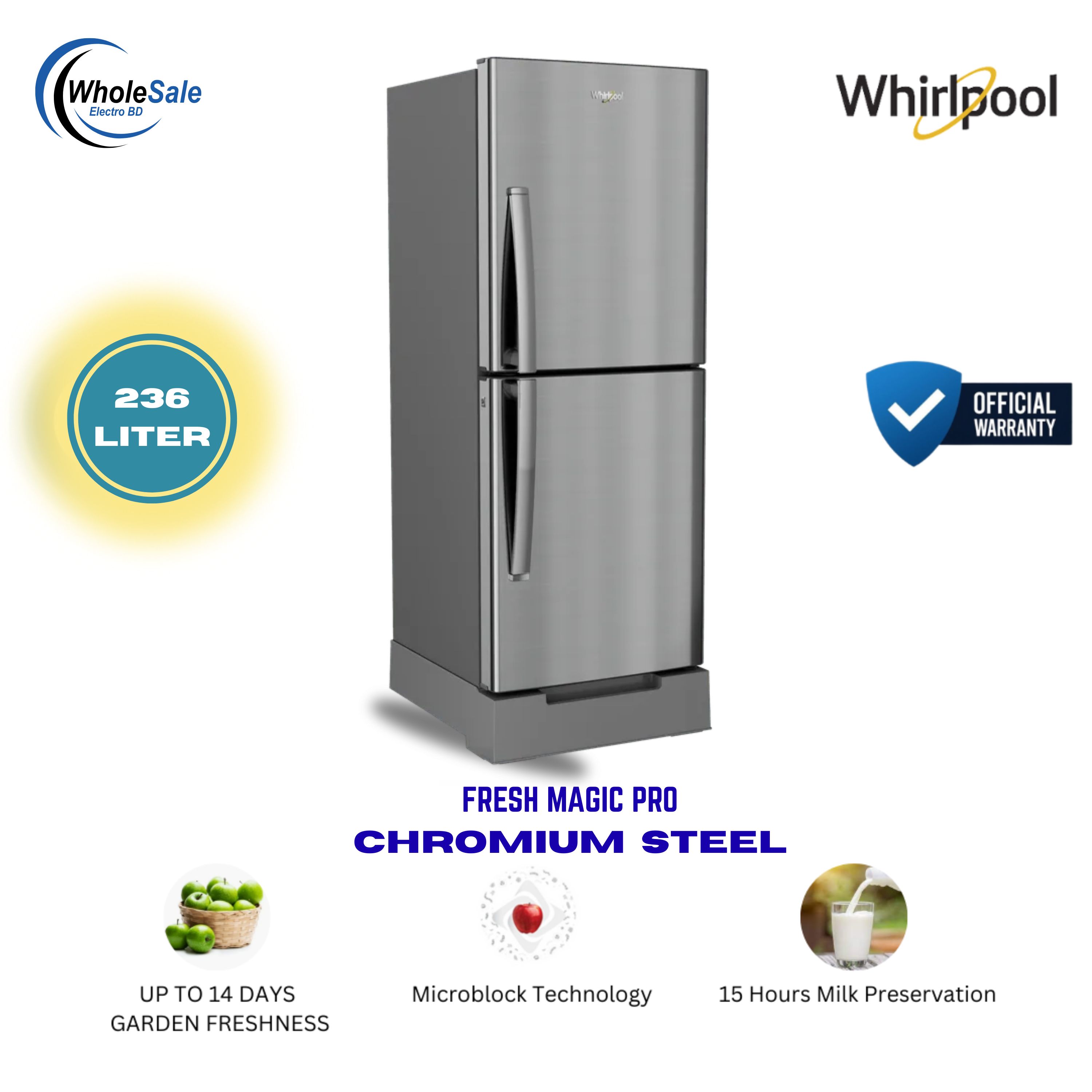 Whirlpool Fresh Magic Pro 236L Chromium Steel Refrigerator