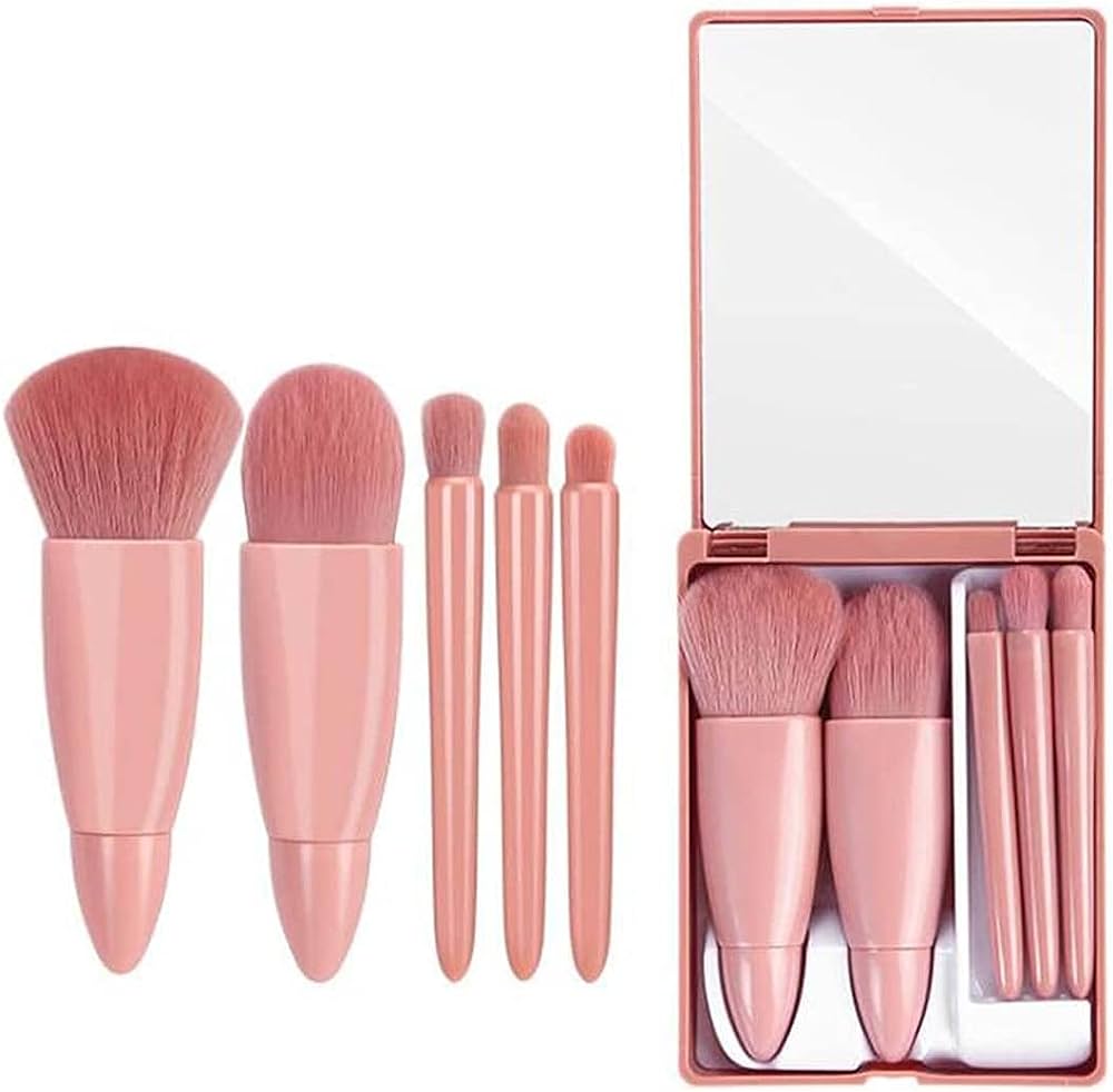 Golbylicc Travel Size Makeup Brushes Set Mini Makeup Brushes, Small Complete Function Cosmetic Brushes Kit with Case and Mirror Perfect for On The Go, 5PC (Mini Pink). 
