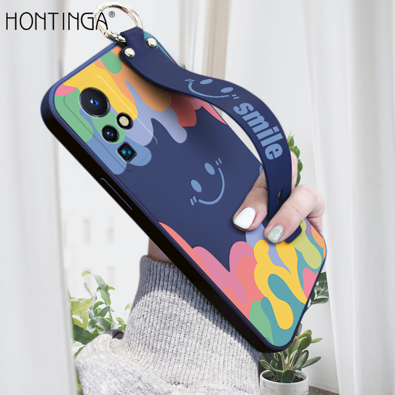 Hontinga for Infinix Zero X neo back cover wrist strap soft candy color splash ink case Square printed pattern liquid silicone phone cases. 
