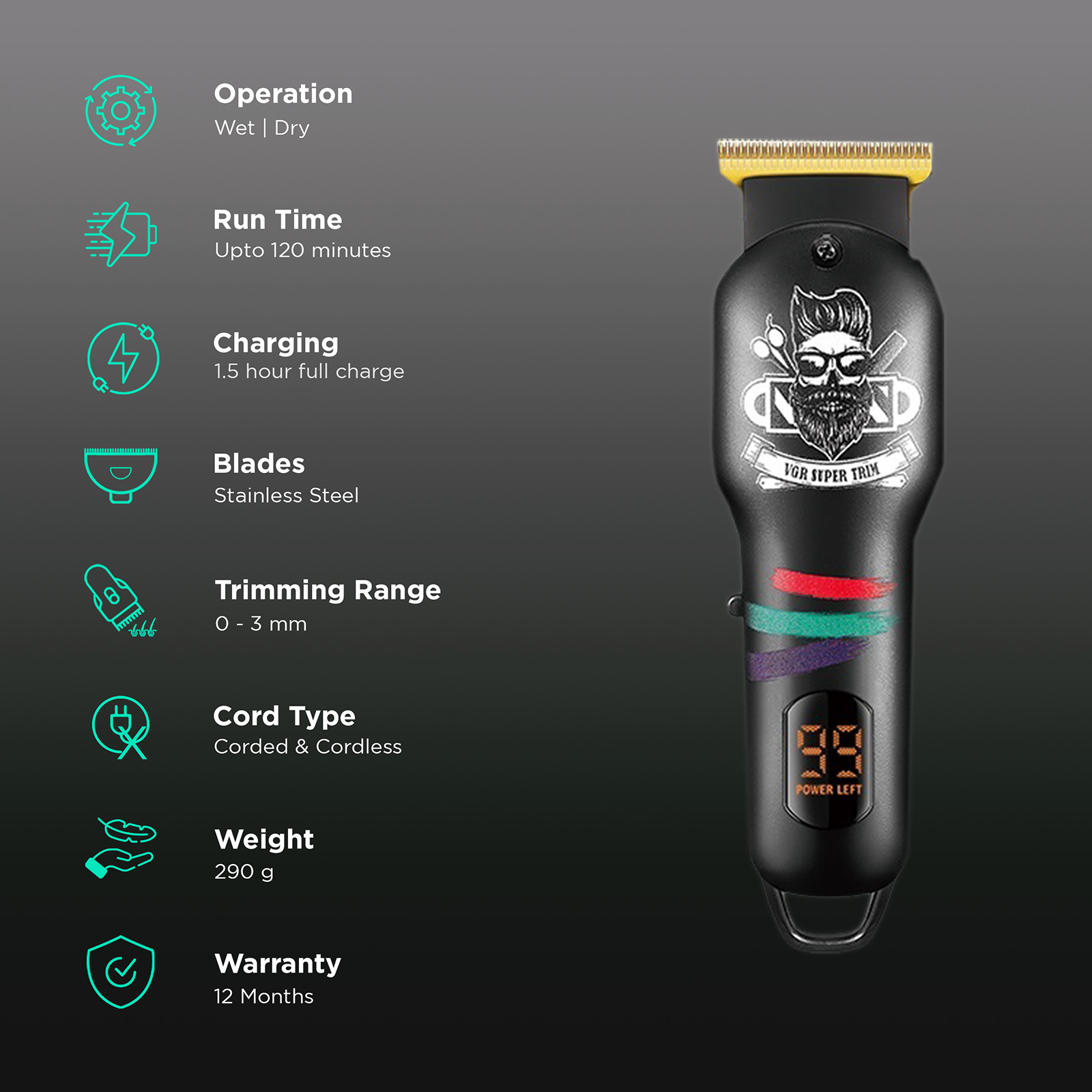 VGR V-971 Professional Corded and Cordless Rechargeable Hair Trimmer with digital display. 