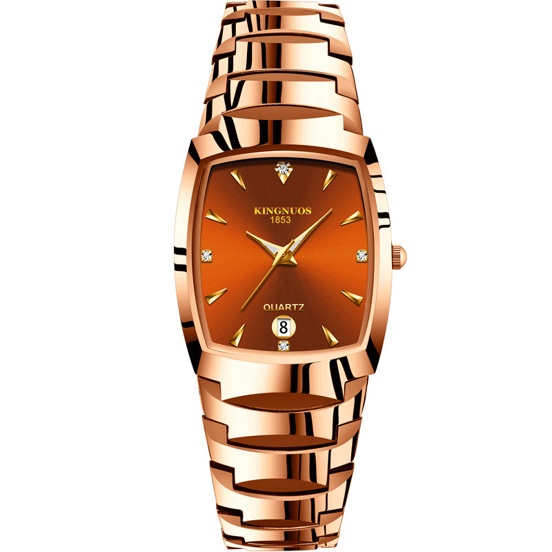New Fashion Tungsten Steel Square Couple Steel Belt Calendar Watch Waterproof Luminous Men's and Women's Student Watch