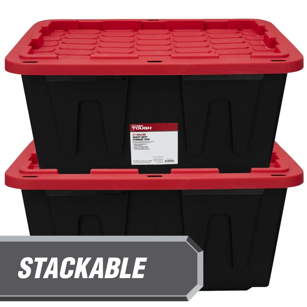 Hyper Tough 27 Gallon Stackable Snap Lid Plastic Storage Bin Container, Black with Red Lid, Set of 4. 