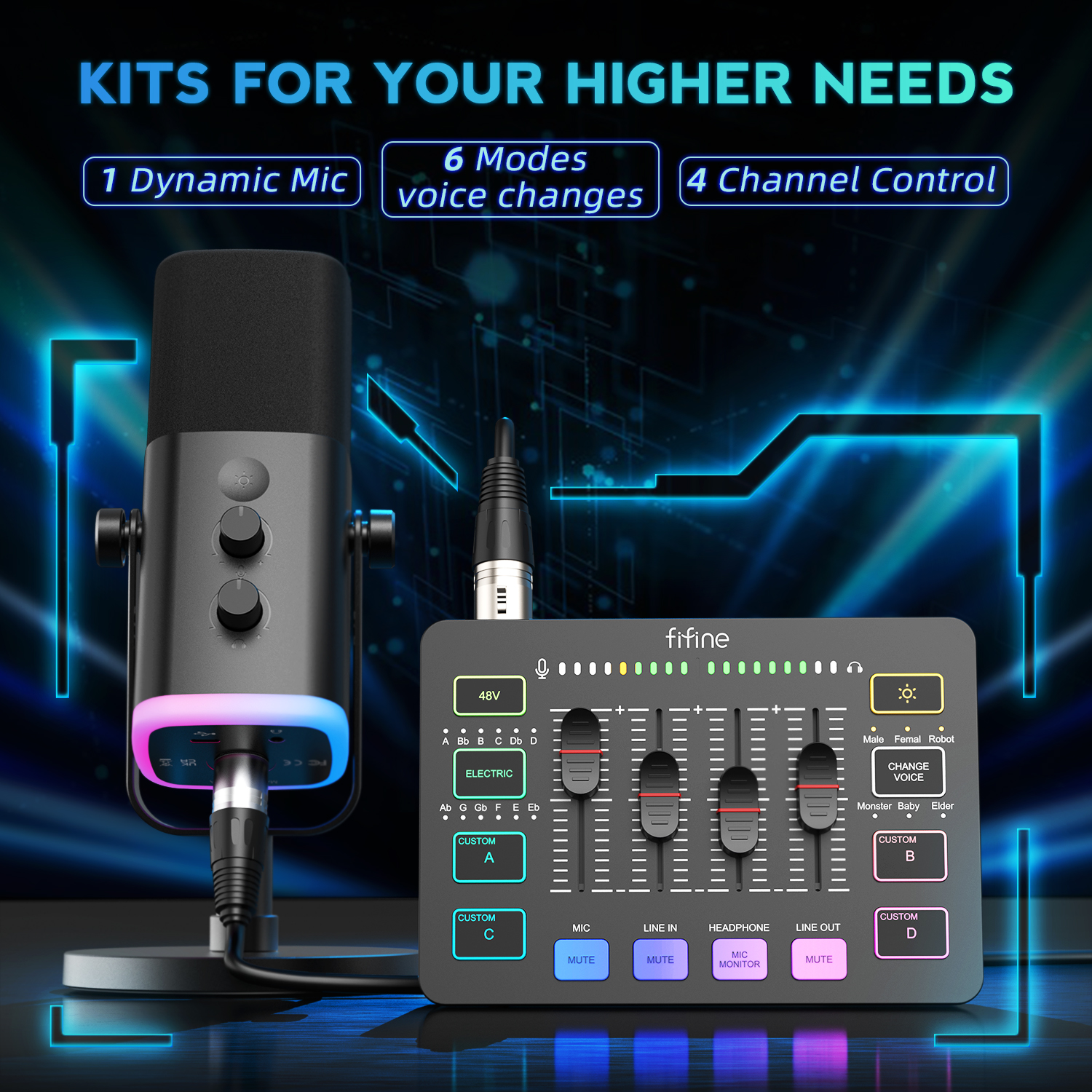 FIFINE All-in-One Podcast Kit with RGB Audio Mixer,Streaming Studio Set with Dynamic Mic for PC Gaming Recording-Ampligame KS5. 