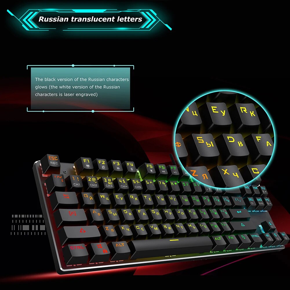 X76 Mechanical Gaming Keyboard Wired Keyboard Blue/Red Switch English Russian 87 Keys RGB Backlight Keyboard for Gamer PC Laptop. 