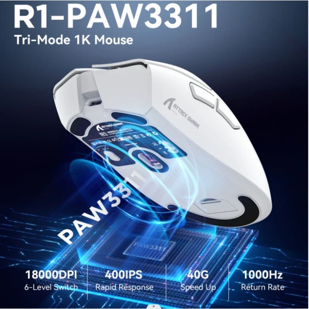 Attack Shark R1 18000dpi Wireless Mouse, 1000Hz, Tri-mode Connection, PAW3311,Macro Gaming Mouse. 