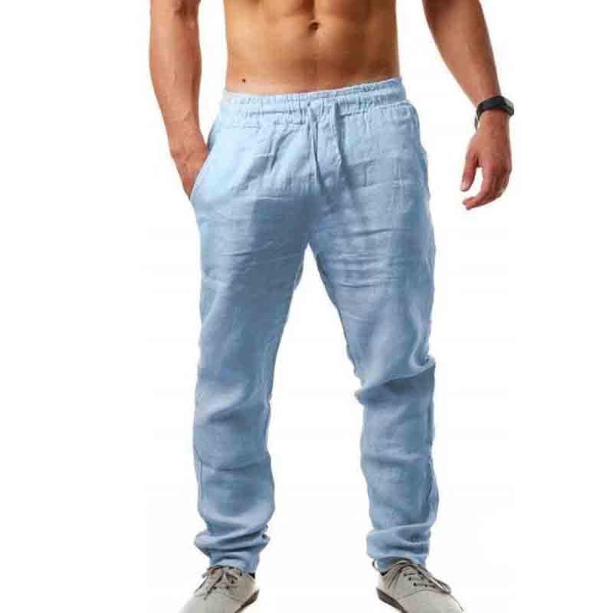 Solid Color Thin Style Men 95%Cotton Spandex Pants Full Length Drawstring Straight Loose Pants Summer Breathable Casual Trousers