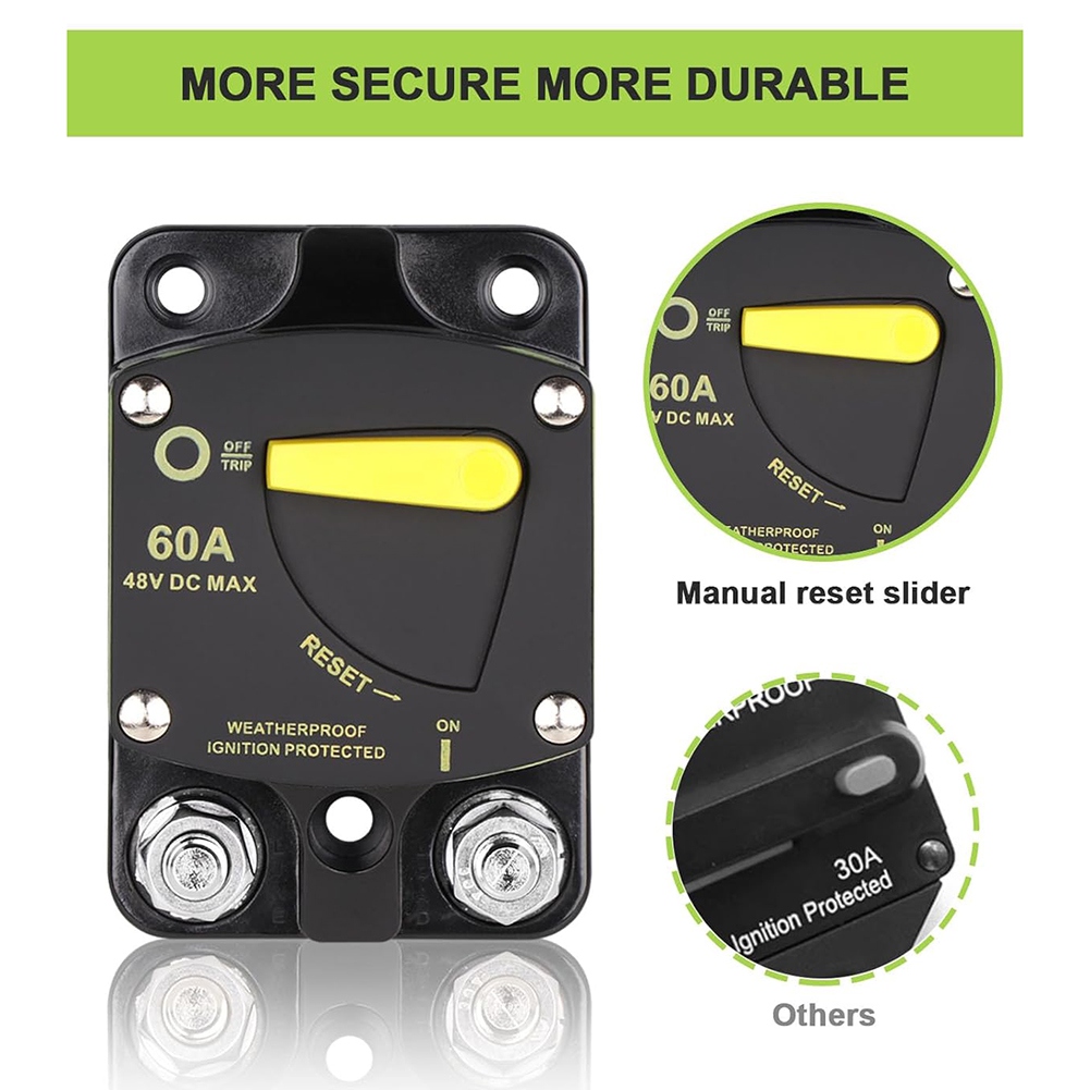 60 Amp Circuit Breaker DC 12V-48V Fuse with Manual Reset Switch. 