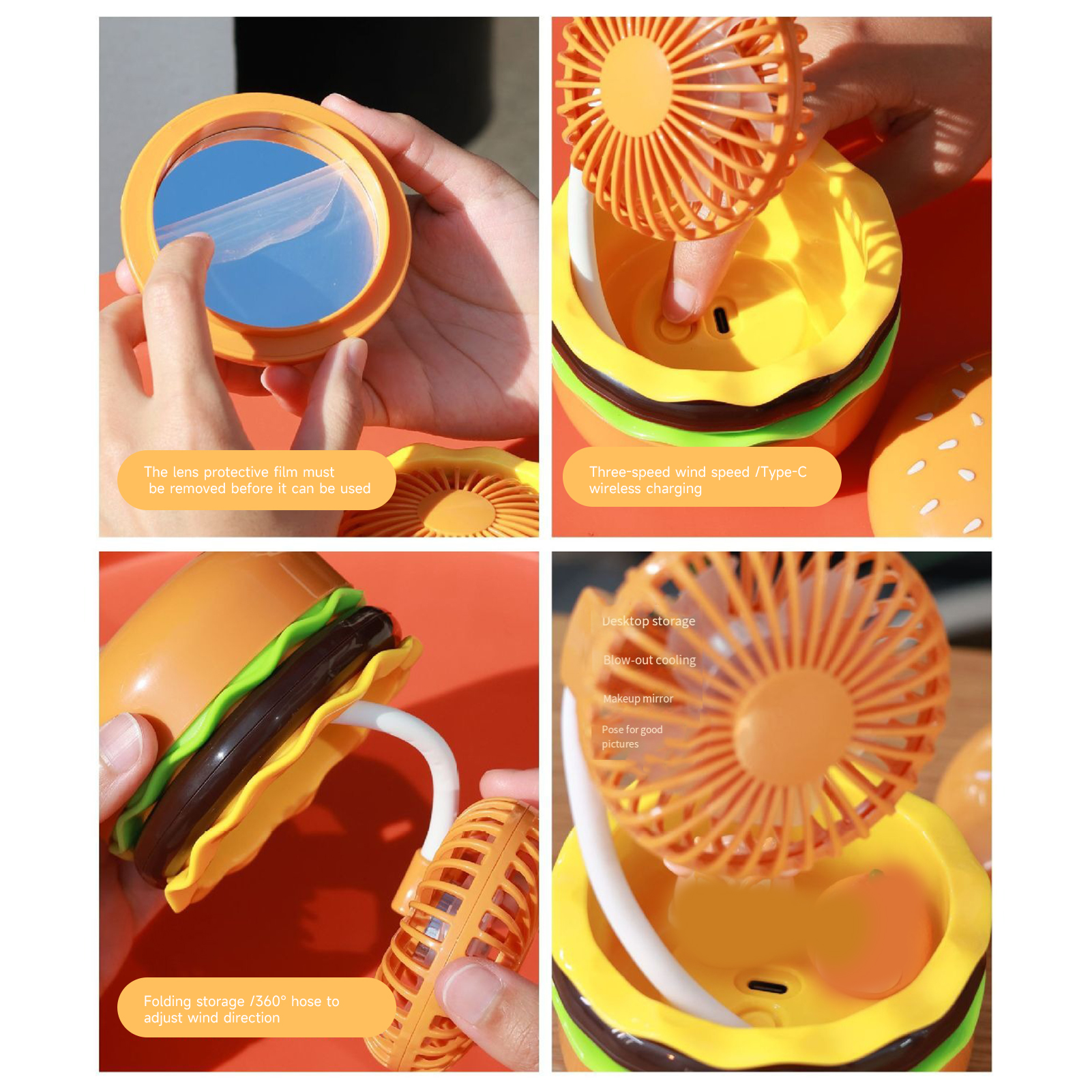 Lumina Small Fan Portable Rechargeable Cooling Fan with Makeup Mirror 3 Speeds Foldable Design Burger Shape Desktop Fan Decorative Ornament Ideal for Rechargeable Fan. 