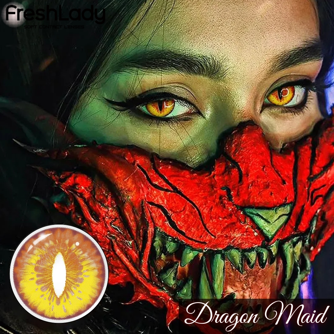 New Halloween Exclusive Dragon Maid(Yellow) Color Contact Lens With Regular Kit Box For Men and Women. 1pair Premium Halloween Color Contact Lens For Eye Makeup,Halloween party,Anime,Cosplay And Costumes Set.Halloween Series Contact lens. #DragonMaid. 