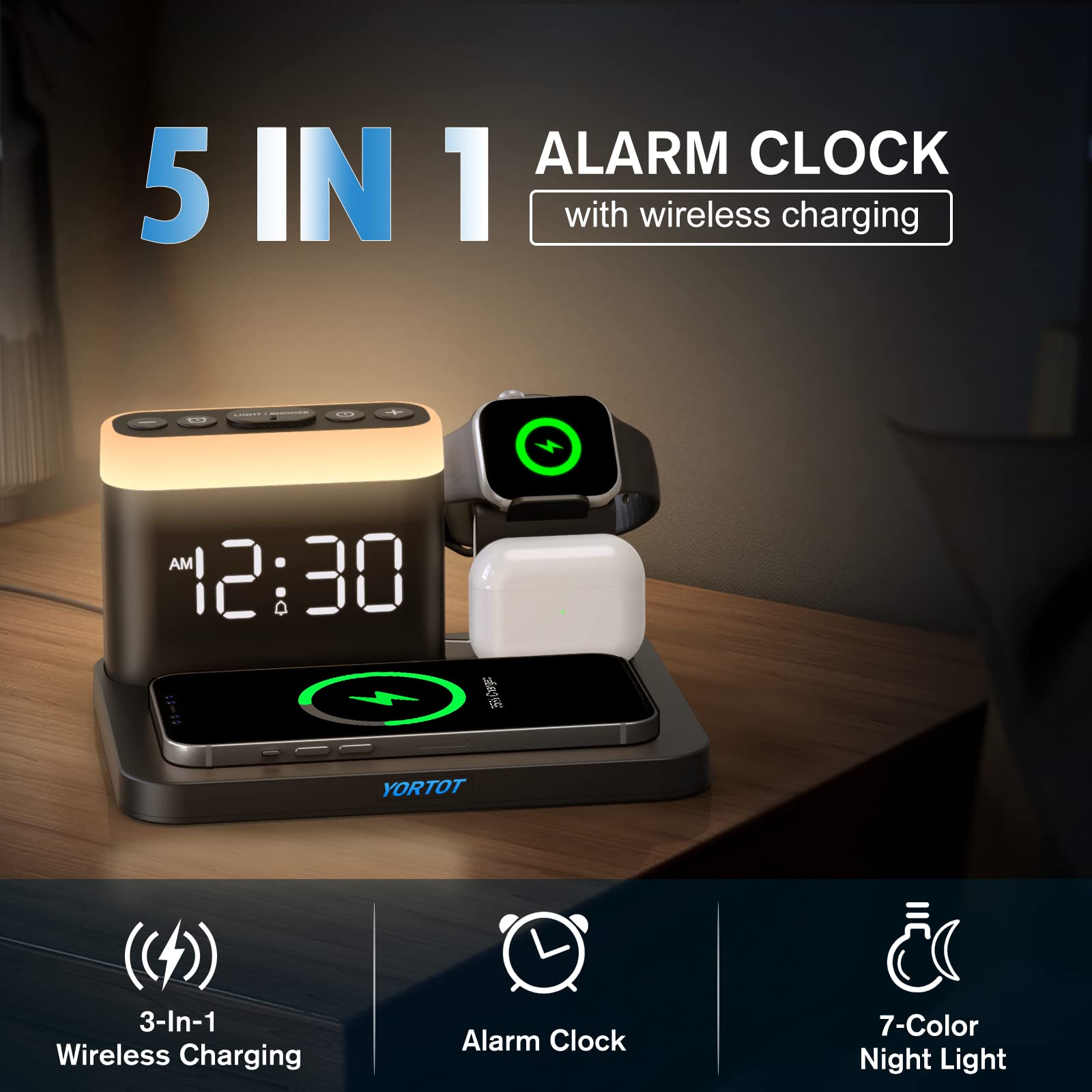 YORTOT Wireless Charging Station-5 in 1 Wireless Charger Alarm Clock, 7 Night Lights, iPhone/AirPods Charging Dock/Apple Watch Compatible-Option - American Plug. 