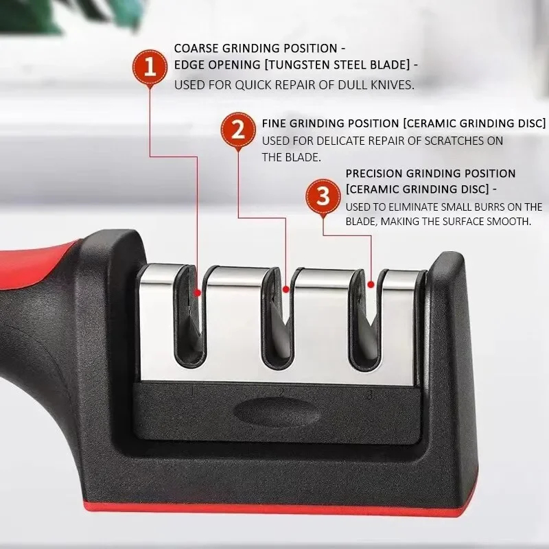 Kitchen 3-Segment Knife Sharpener Household Multi-Functional Hand-Held 3-Purpose Black Sharpening Stone. 
