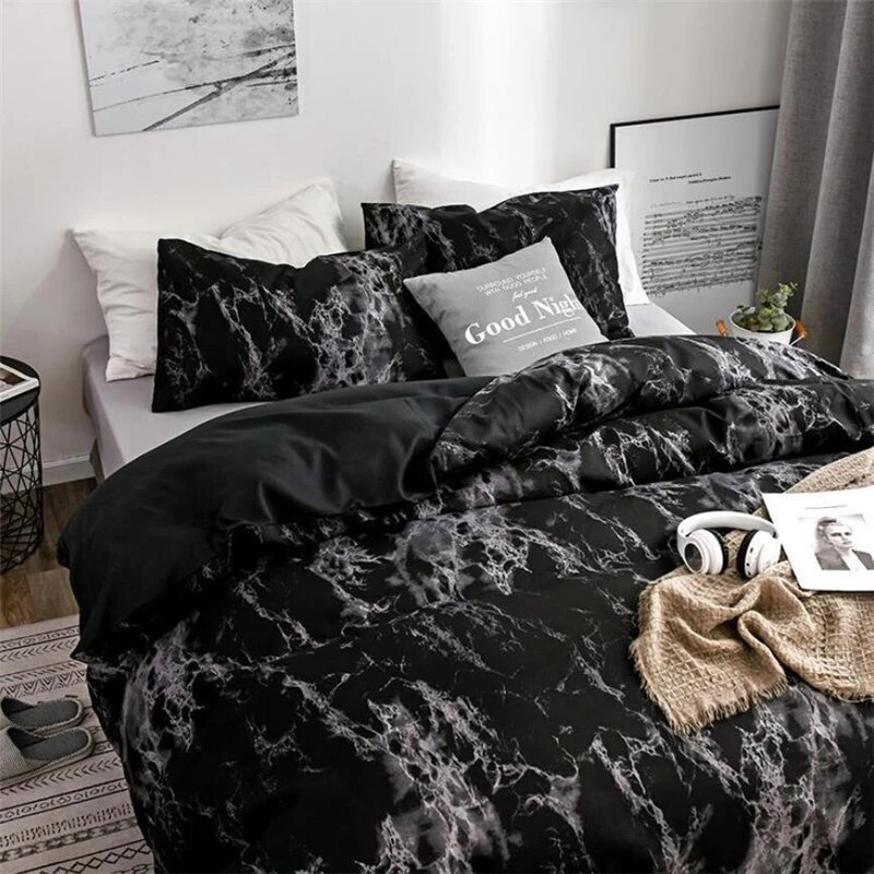 Marble Duvet Cover Polyester Abstract Geometric Pattern Bedding Set Modern 3pcs Marble Black Comforter Cover with Zipper Closure. 