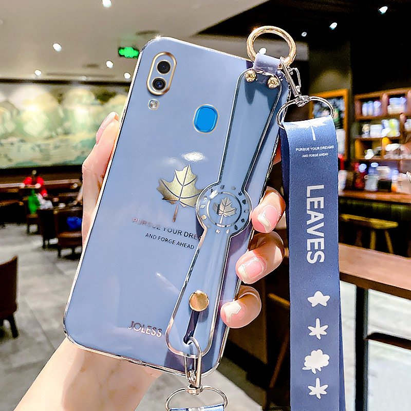 For Samsung Galaxy A30 A20 Back Cover with Lanyard + Wristband Fashion Shiny Maple Leaf Plating Bumper Stand Holder Case Camera Protection Soft Silicone Mobile Phone Cases. 