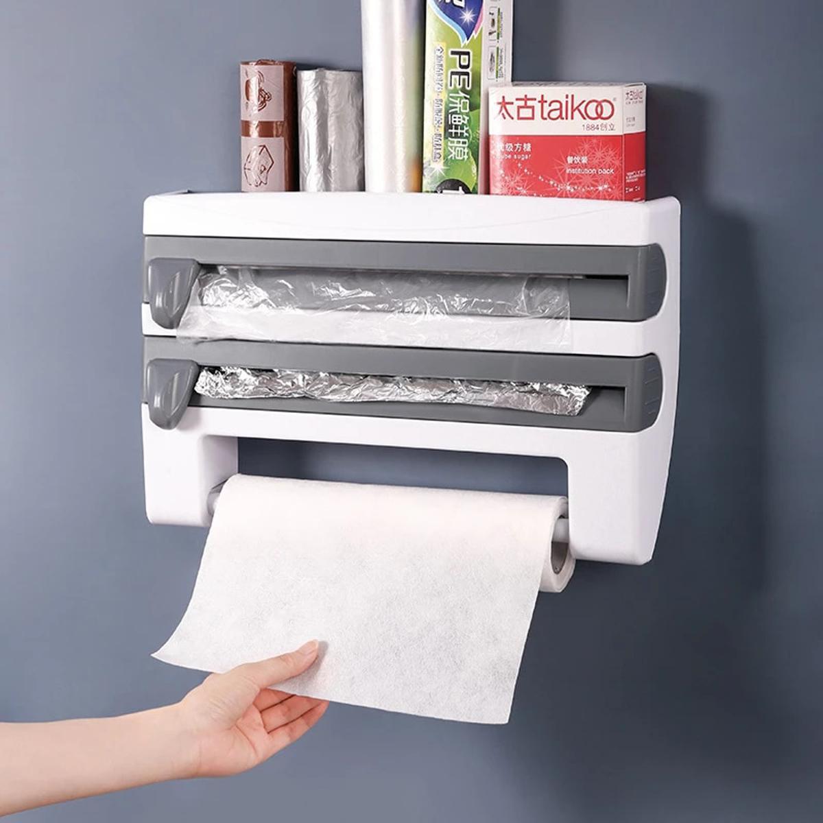 Kitchen Wrap Shelf Plastic Wrap Frame Triple Paper Dispenser Preservative Film Rack Spice Shelf-3
