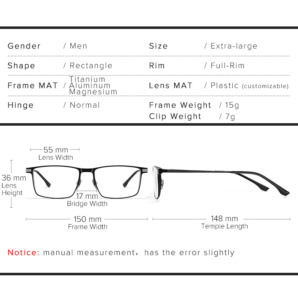 Pure Titanium Magnetic Clip on Glasses Frame Men Myopia Prescription Big Eyeglasses Frame 3 in 1 Night Vision Polarized Eyewear. 