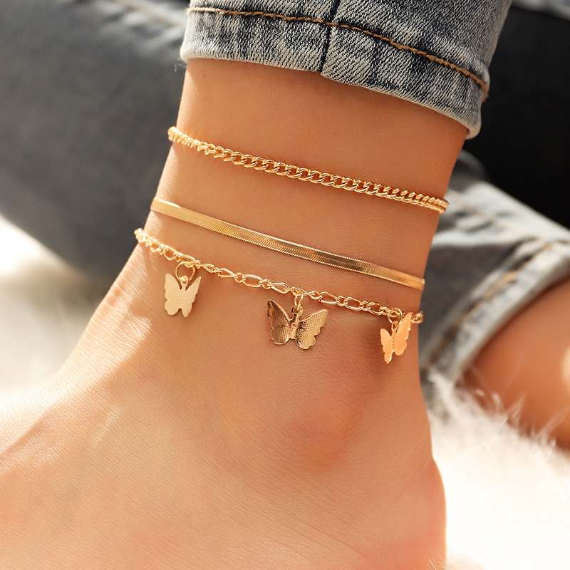 New Beach Wind Metal Three Butterfly Pendant Snake Chain Three-Piece Anklet Set Multi-layer Gold Chain Anklet Wholesale