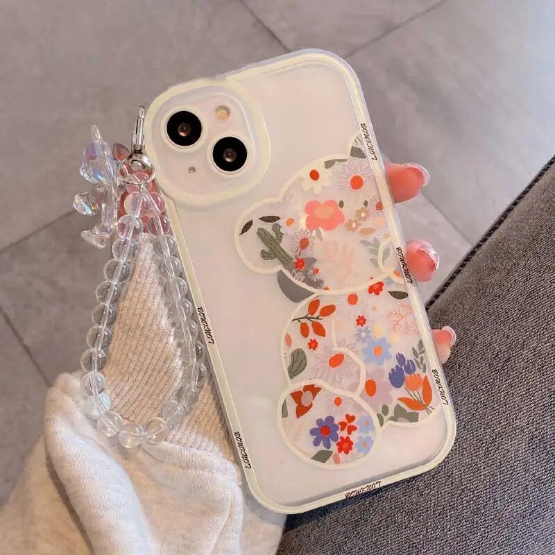 Blue Flower Bear Pendant Case For Poco X3 X4 M3 F4 F3 GT F5 M5 M5S C55 Mi 12 13 Lite 12T Redmi Note 12R 12S 10 12C K50 K60 Pro. 