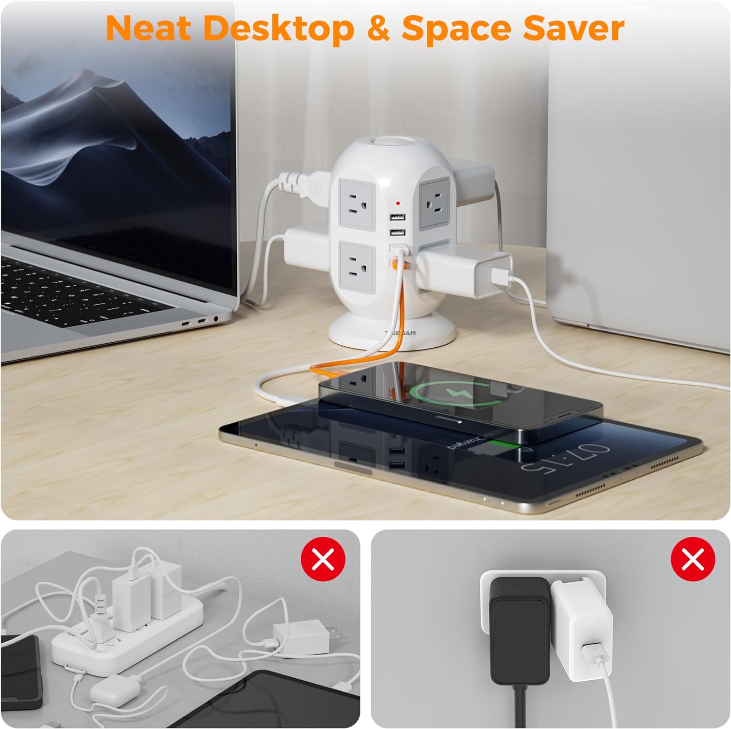 TESSAN Tower Surge Protector Power Strip with 8 Outlets 3 USB Ports 1 Type C 10ft Ultra Thin Flat Extension Cord for Home Office. 