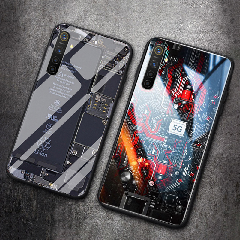 For Realme XT Back Cover Version Theme Case Tempered Glass Protection shockproof Cover for Realme XT case Transparent Circuit Board Design Full Coverage Phone cases. 
