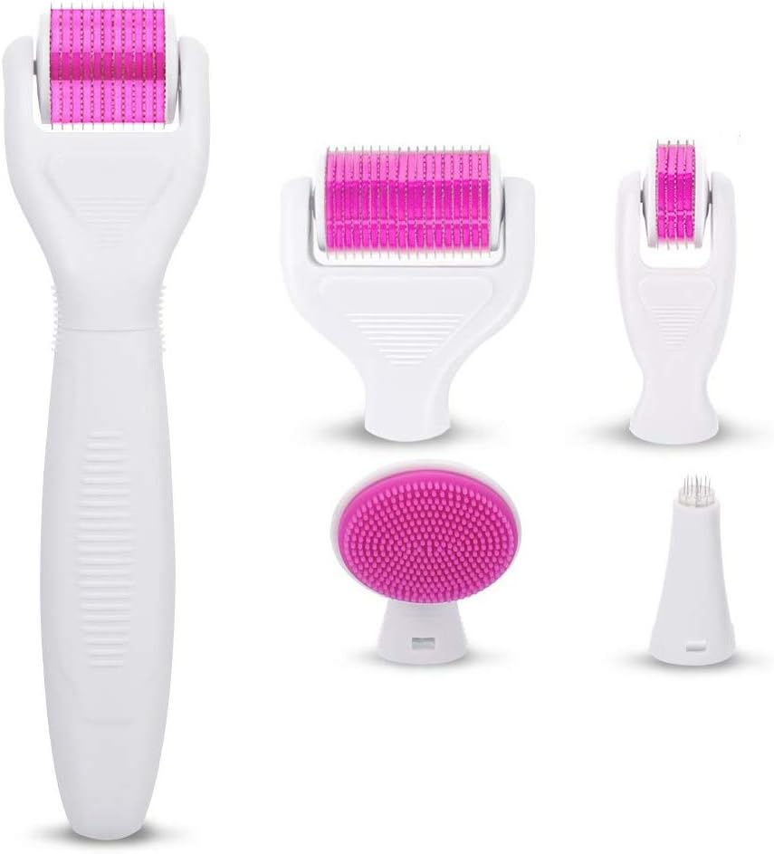 6 in 1 Derma Roller Kit for Face and Body, Titanium Microneedling Dermaroller Cosmetic Needling Instrument Microneedle with 5 Replaceable Heads. 
