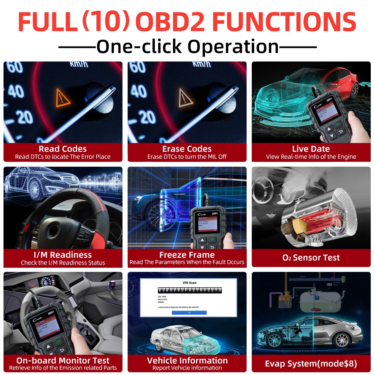 LAUNCH CR3001 Creader 3001 Code Reader V2.0 Lifetime Free update OBDII/EOBD Read Code Auto Diagnostic Tool DIY OBD Scanner KW590. 