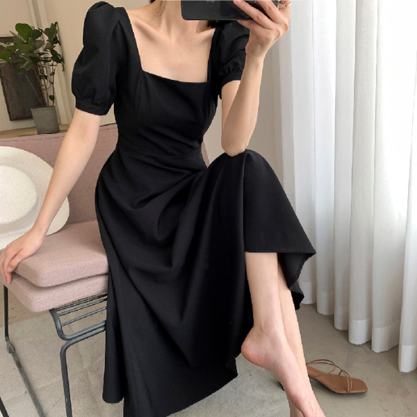 ins hepburn black dress women's summer 2024 new square neck french retro hepburn style temperament long skirt