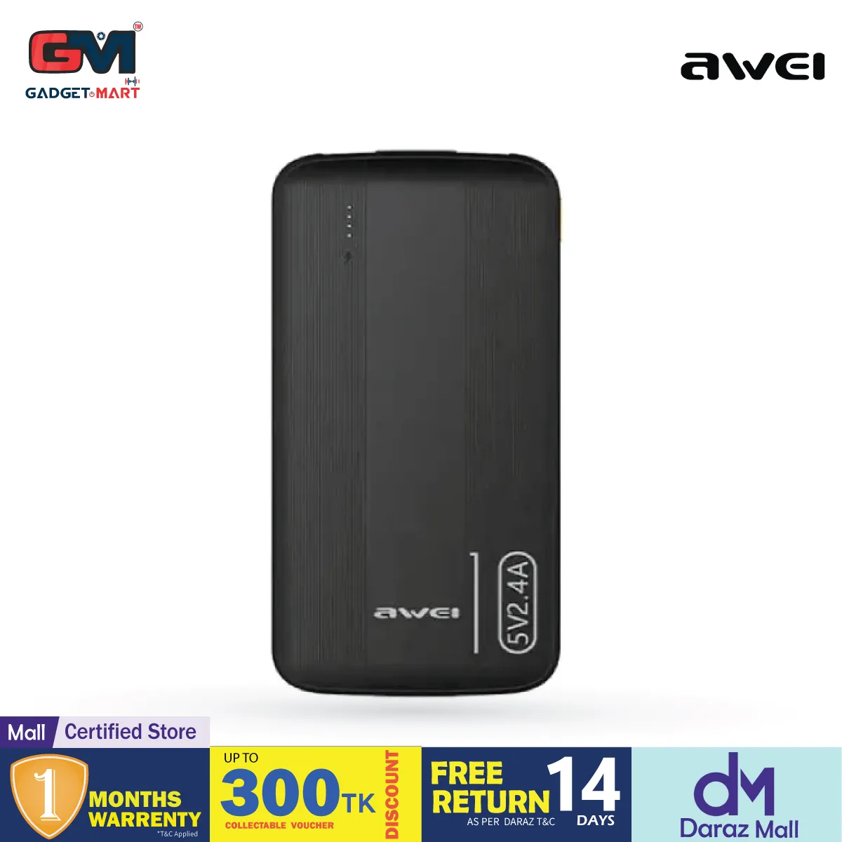 Awei P20K 2.4A Fast Charging Slim Looking 10000mAh PowerBank With Dual Output - Black