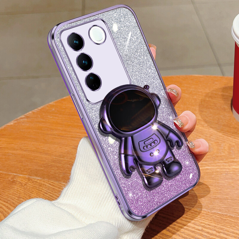 For Vivo V27 5G / Vivo V27e 5G Casing Case with Cartoon Astronaut Stand Luxury Gradient Plating Glitter Girly Phone Case Clear Soft Silicone Shockproof Protective Cases Pouch