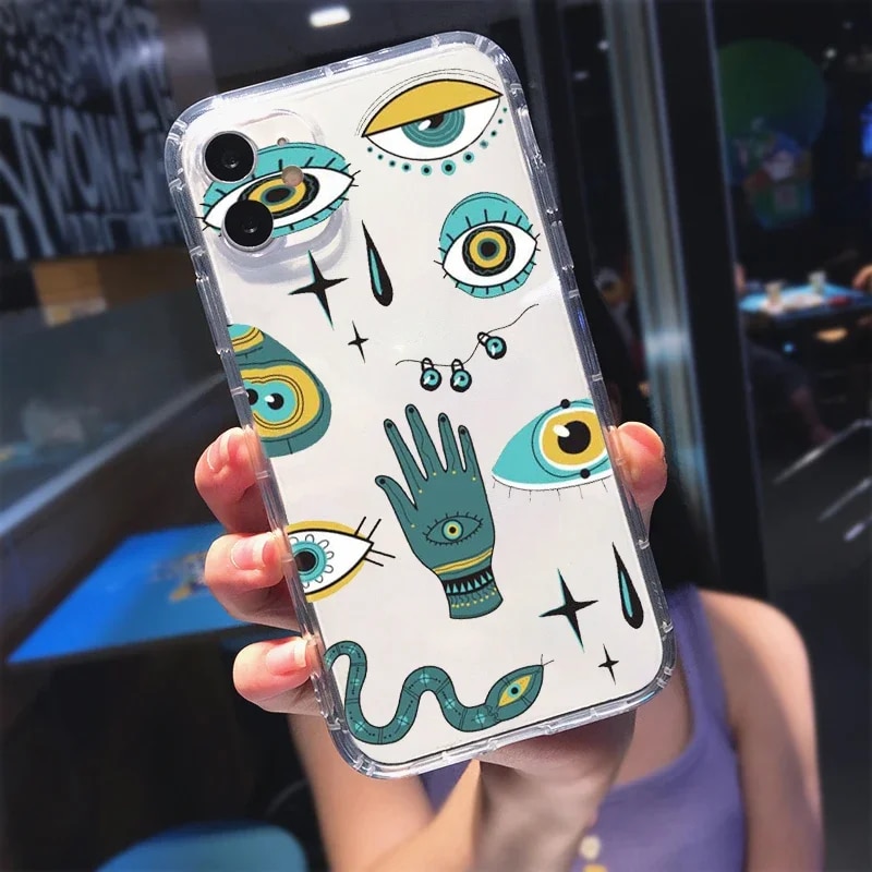 Turkish Lucky Blue Evil Eye Abstract Phone Case Transparent for IPhone 11 12 14 7 15 13 Pro X Max XR Plus Soft Shockproof Cover. 