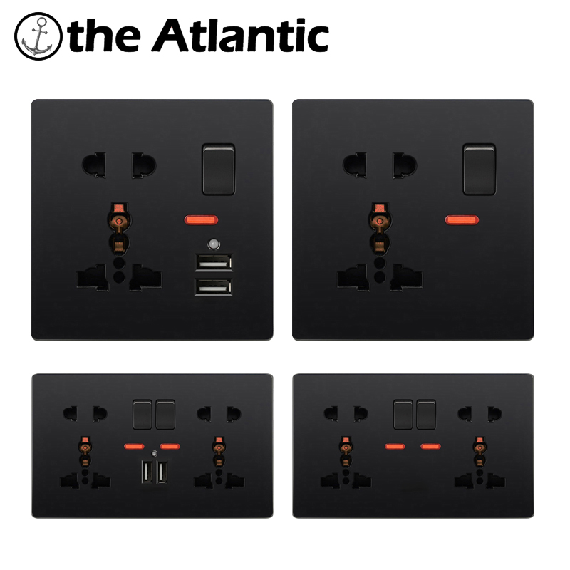 13A Universal Socket With Dual USB Port LED Indicator Wall Power Double Outlet 5 Hole 2 Pin 3 Pins Black Plastic Frame DE EU FR. 
