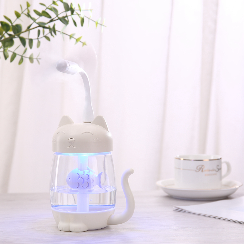 Toolikee 350ml 3in1 USB Himidifier Cat Mini Portable Ultrasonic Lovely Kitty Humidifier with Fan and Night Light Aroma Diffuser. 